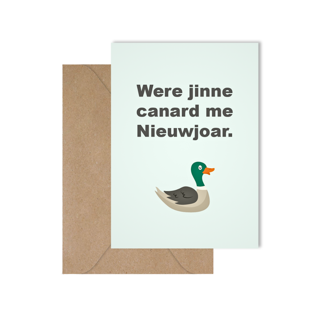 Grappige West-Vlaamse wenskaart voor nieuwjaar met spreuk in dialect