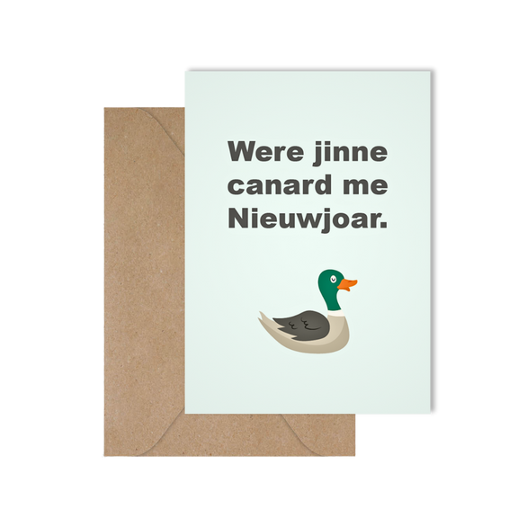 Grappige West-Vlaamse wenskaart voor nieuwjaar met spreuk in dialect