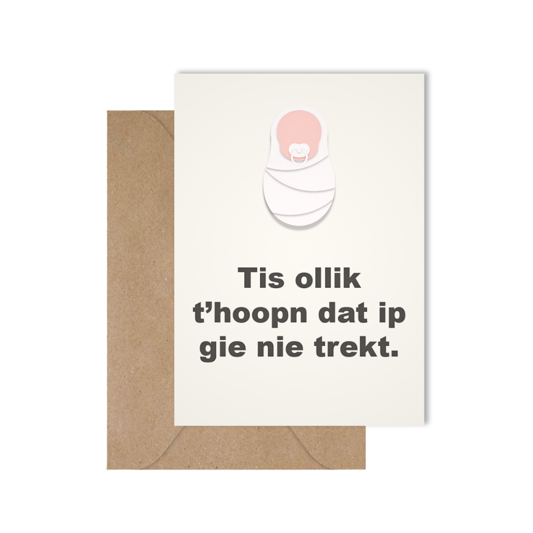 Grappige West-Vlaamse geboortekaart met spreuk in dialect