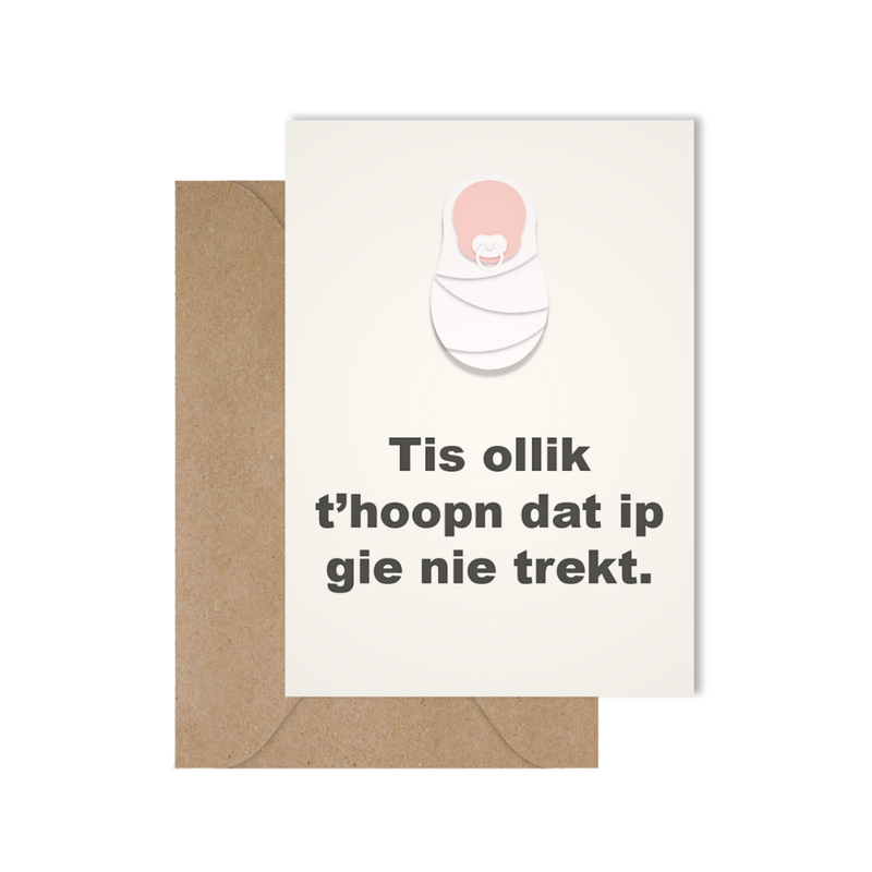 Grappige West-Vlaamse geboortekaart met spreuk in dialect