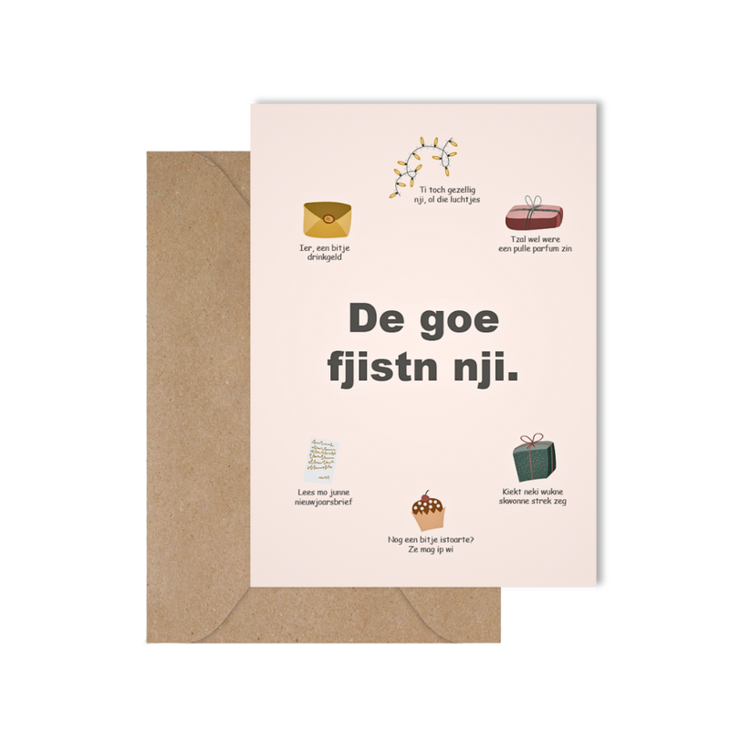 Grappige West-Vlaamse wenskaart voor kerst of de feestdagen met spreuk in dialect