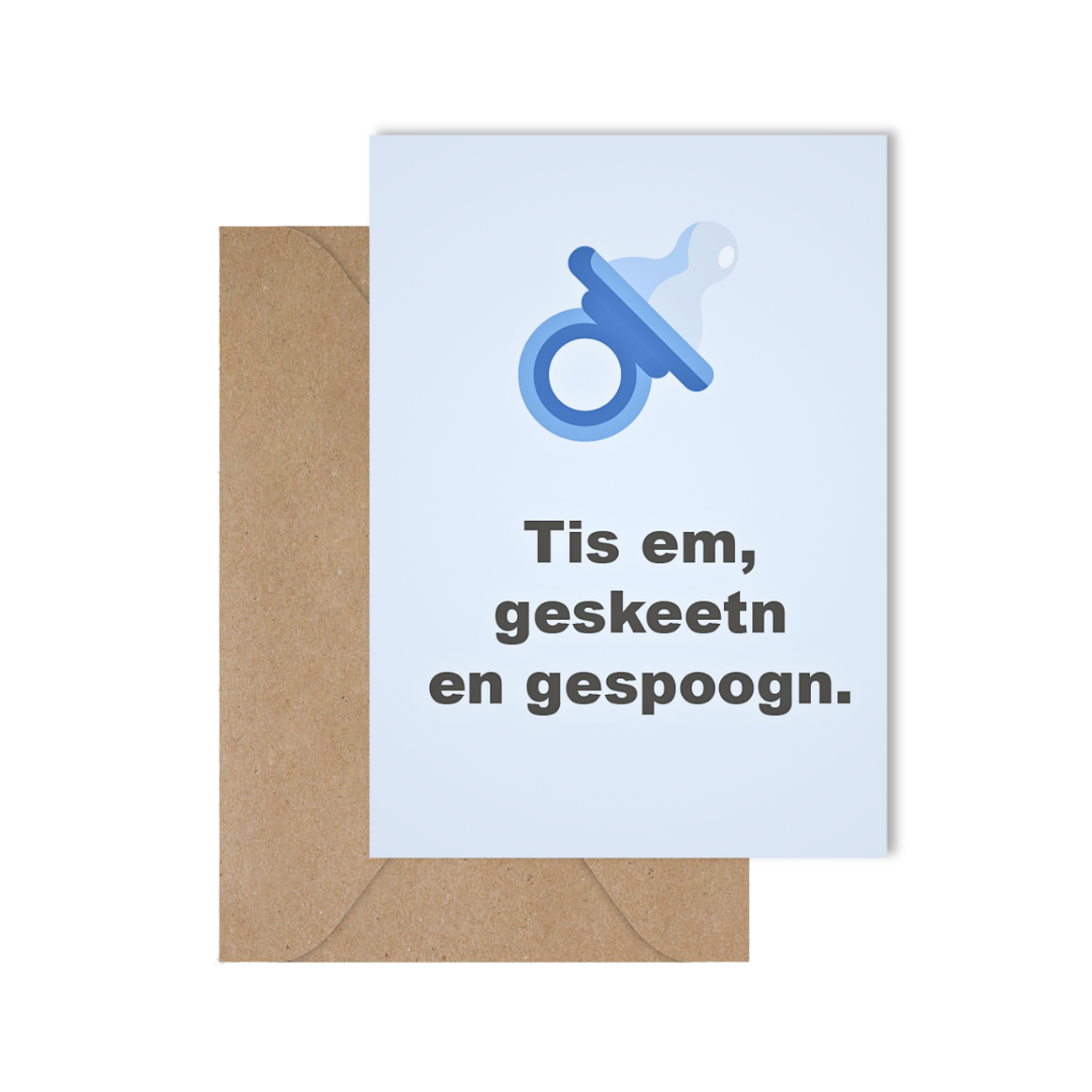 Grappige West-Vlaamse geboortekaart voor een jongen met spreuk in dialect