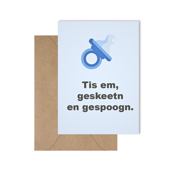 Grappige West-Vlaamse geboortekaart voor een jongen met spreuk in dialect