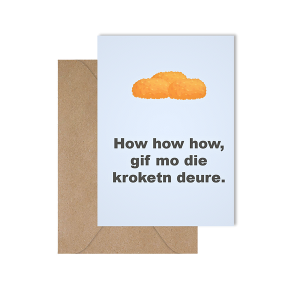 Grappige West-Vlaamse kerstkaart over kroketten met spreuk in dialect