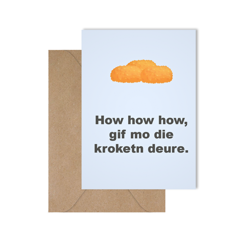 Grappige West-Vlaamse kerstkaart over kroketten met spreuk in dialect