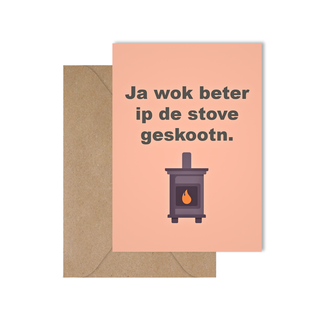 Grappige West-Vlaamse wenskaart voor een geboorte met spreuk in dialect