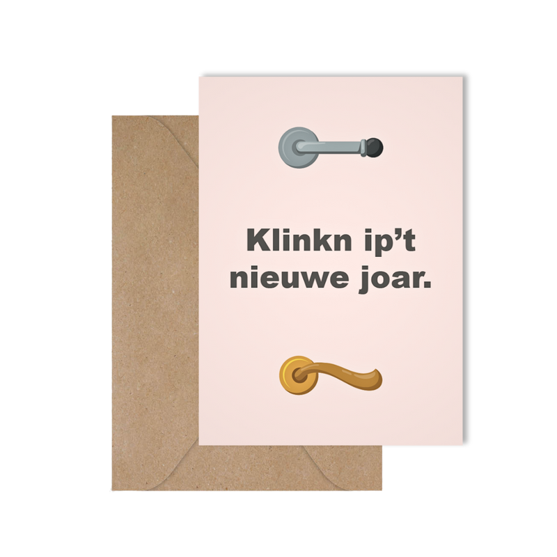 Grappige West-Vlaamse wenskaart voor nieuwjaar met spreuk in dialect