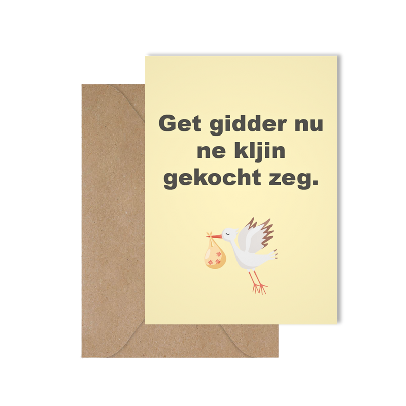 Grappige West-Vlaamse geboortekaart met spreuk in dialect