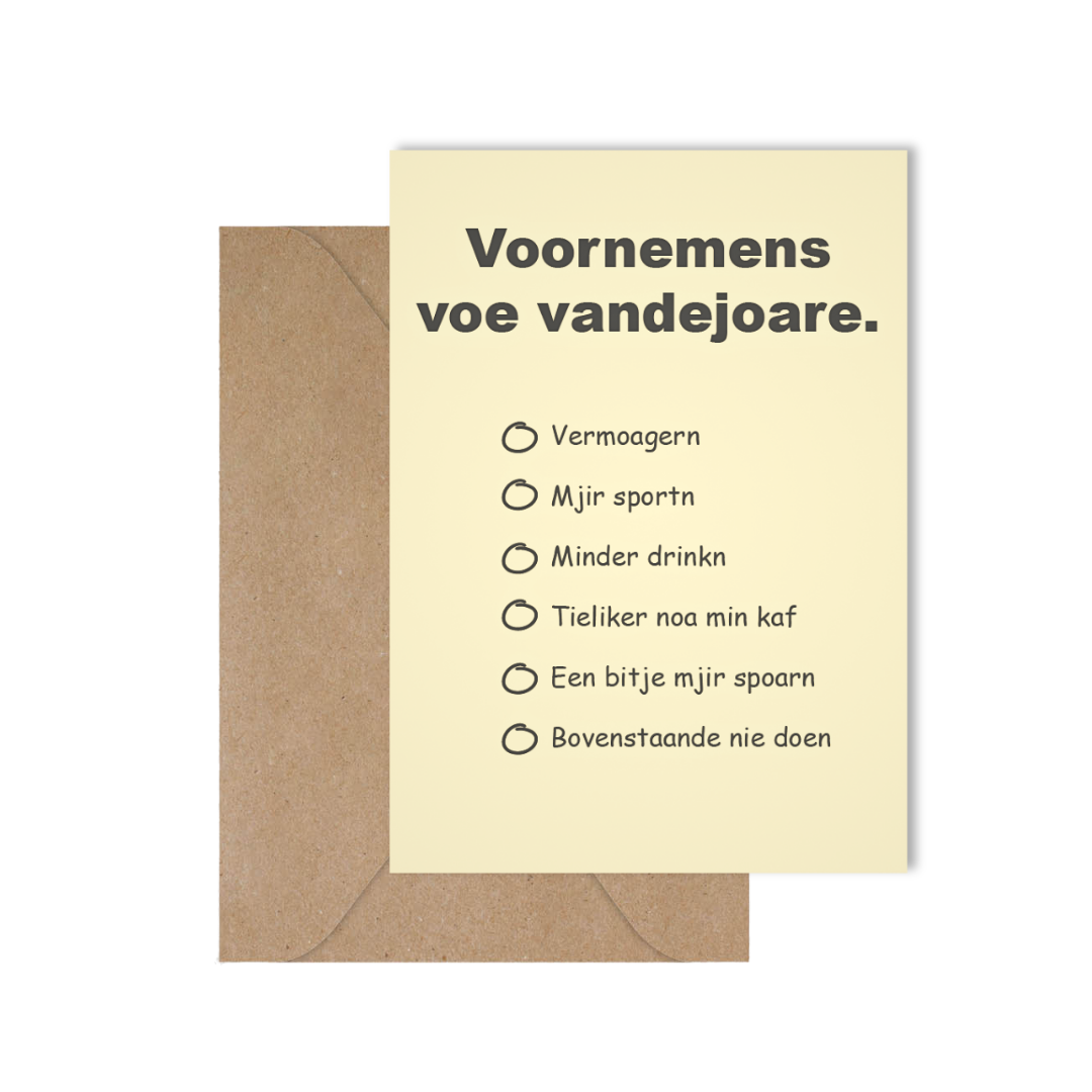 Grappige West-Vlaamse wenskaart met goede voornemens voor nieuwjaar