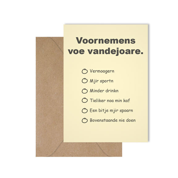 Grappige West-Vlaamse wenskaart met goede voornemens voor nieuwjaar