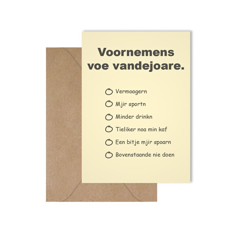 Grappige West-Vlaamse wenskaart met goede voornemens voor nieuwjaar